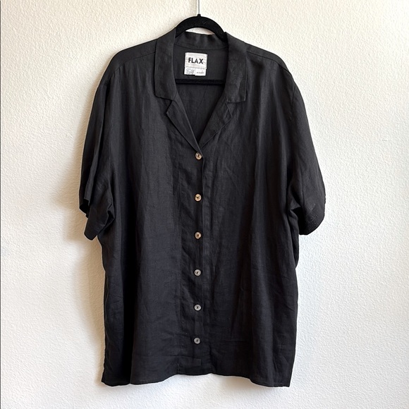 Flax Tops - FLAX 100% Linen Black Button Down Collared Short Sleeve Shirt Size 3XL